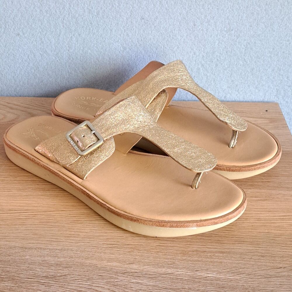 Kork-Ease Women Shoes Korks 9 Belmont Metallic Gold Leather Sandals Thongs Cork